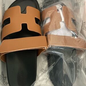 Brown and Black Slide Sandals